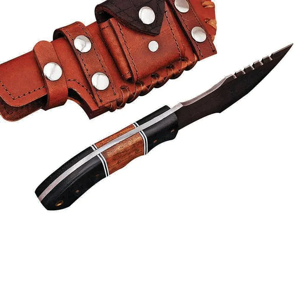 Damascus Knife with Rosewood Micarta Handle & Leather Sheath